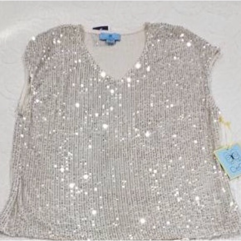 CeCe Silver Sequin Short Sleeve Top